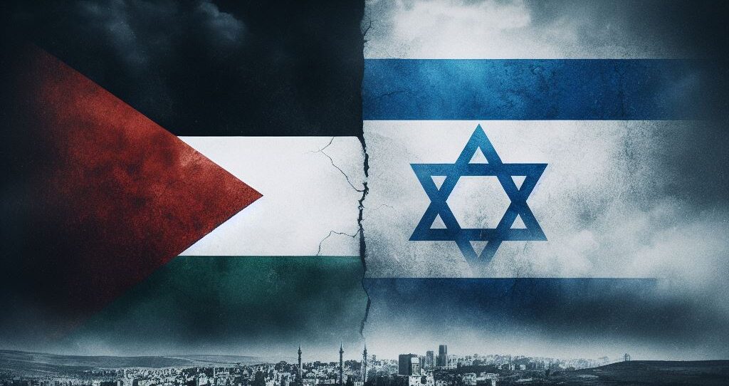 Israelsk og palestinsk flagg på mørk himmel - generert av Bing K-I